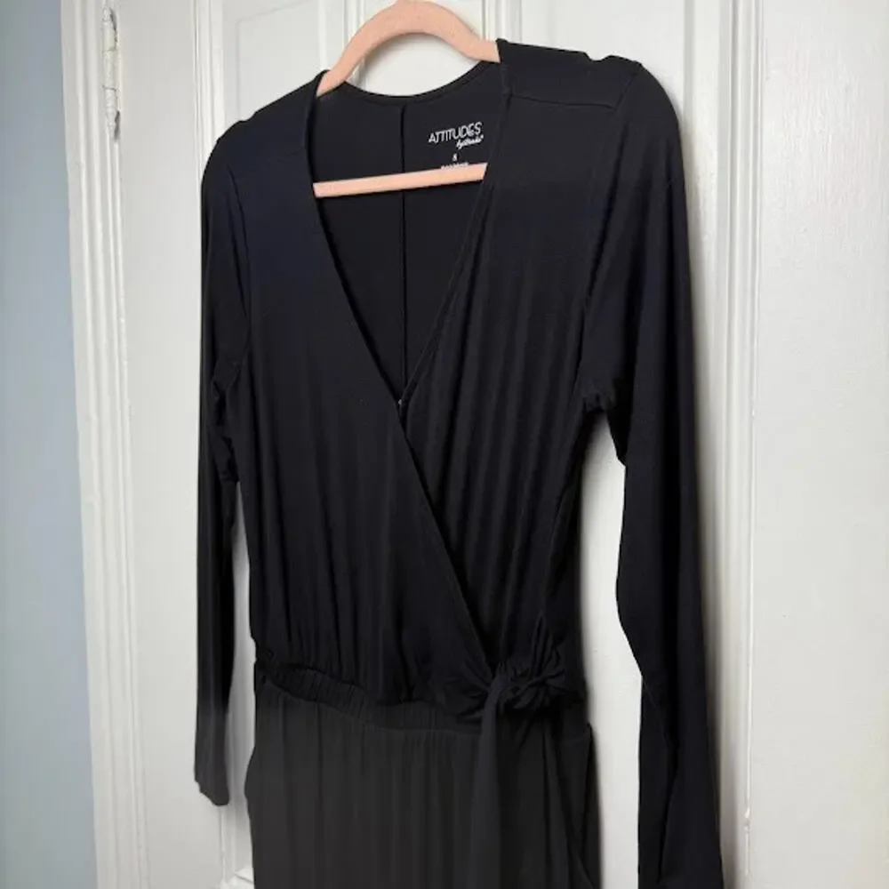 Attitudes by Renee Knit Wrap Jumpsuit Womens Small Black Tie Waist Stretch NWOT